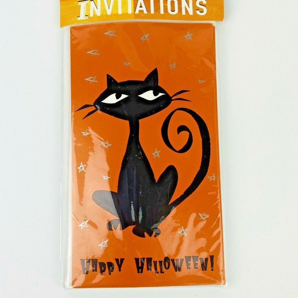 Vintage Happy Halloween Party Invitations Black Stylized Cat Set of 12 NEW